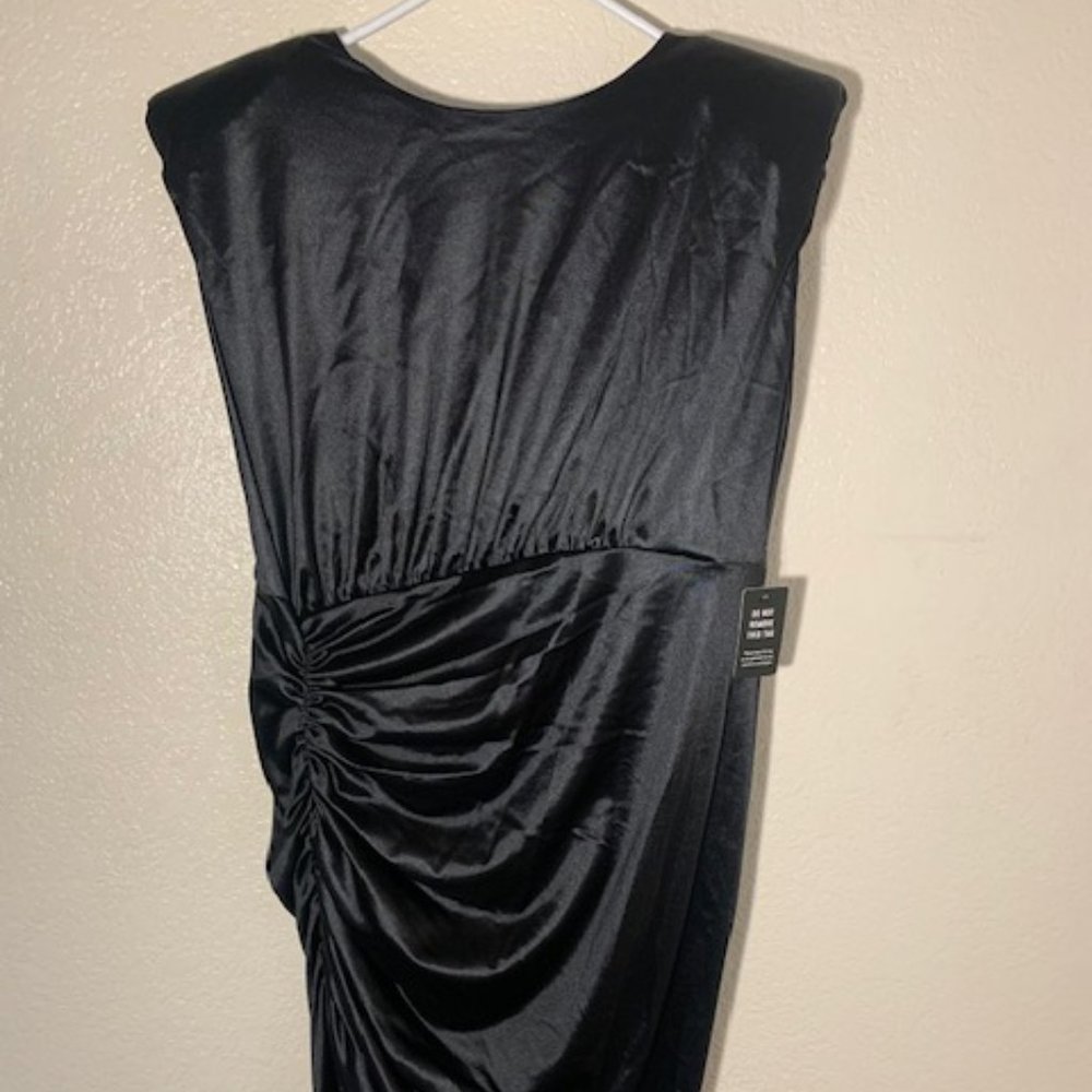 Satin Padded Shoulder Ruched Asymmetrical Mini Dress